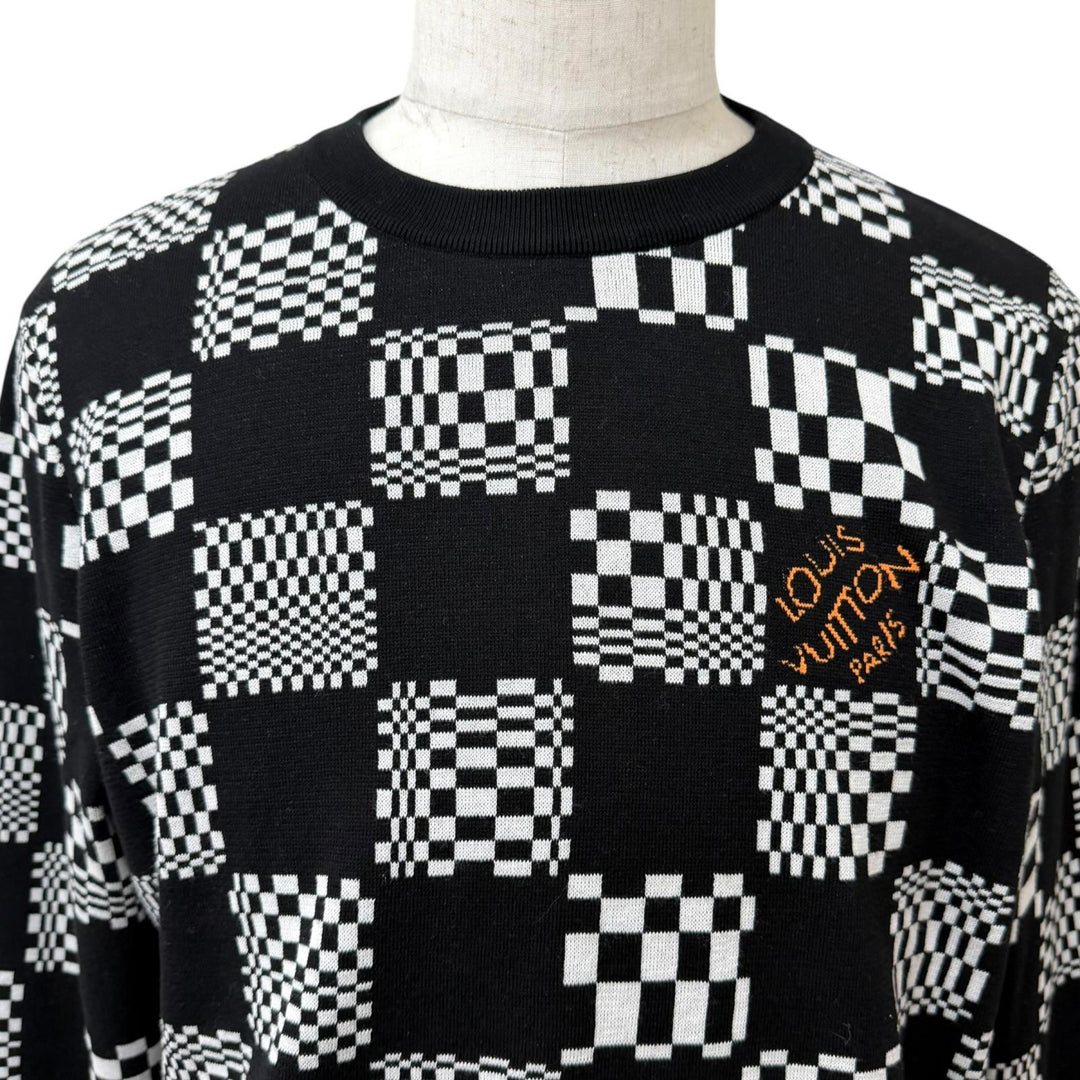 極美品□LOUIS VUITTON ルイヴィトン 2021年製 ディストーテッドダミエ クルーネック ロングスリーブ セーター ブラック M 伊製 正規品
