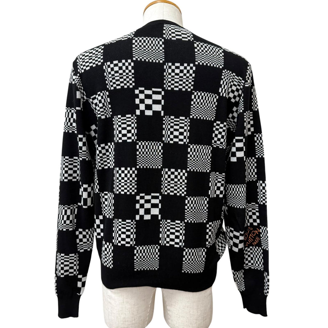 極美品□LOUIS VUITTON ルイヴィトン 2021年製 ディストーテッドダミエ クルーネック ロングスリーブ セーター ブラック M 伊製 正規品