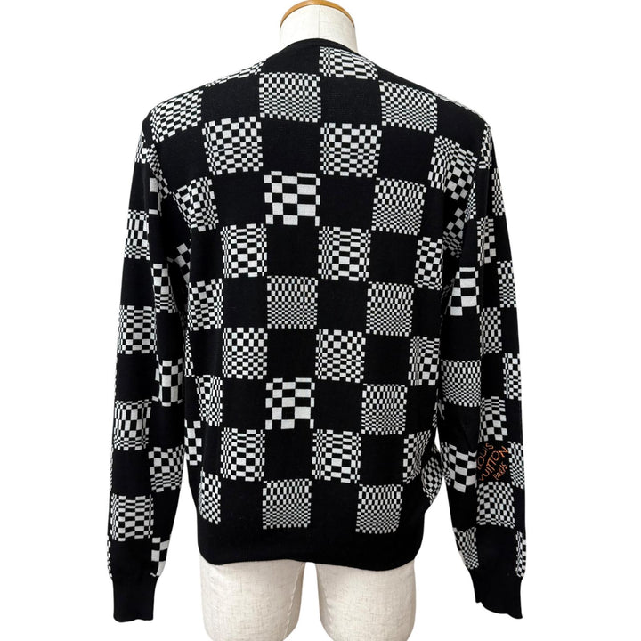 極美品□LOUIS VUITTON ルイヴィトン 2021年製 ディストーテッドダミエ クルーネック ロングスリーブ セーター ブラック M 伊製 正規品