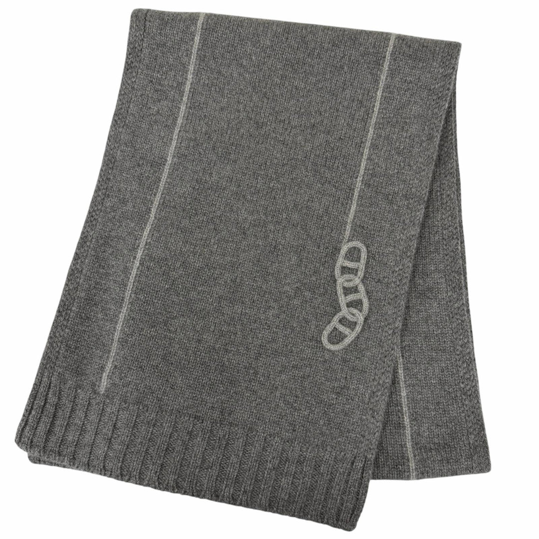 未使用品□HERMES エルメス マイヨン・トラセ カシミヤ100％ シェーヌダンクル ニットマフラー グレー イタリア製 メンズ 箱付き