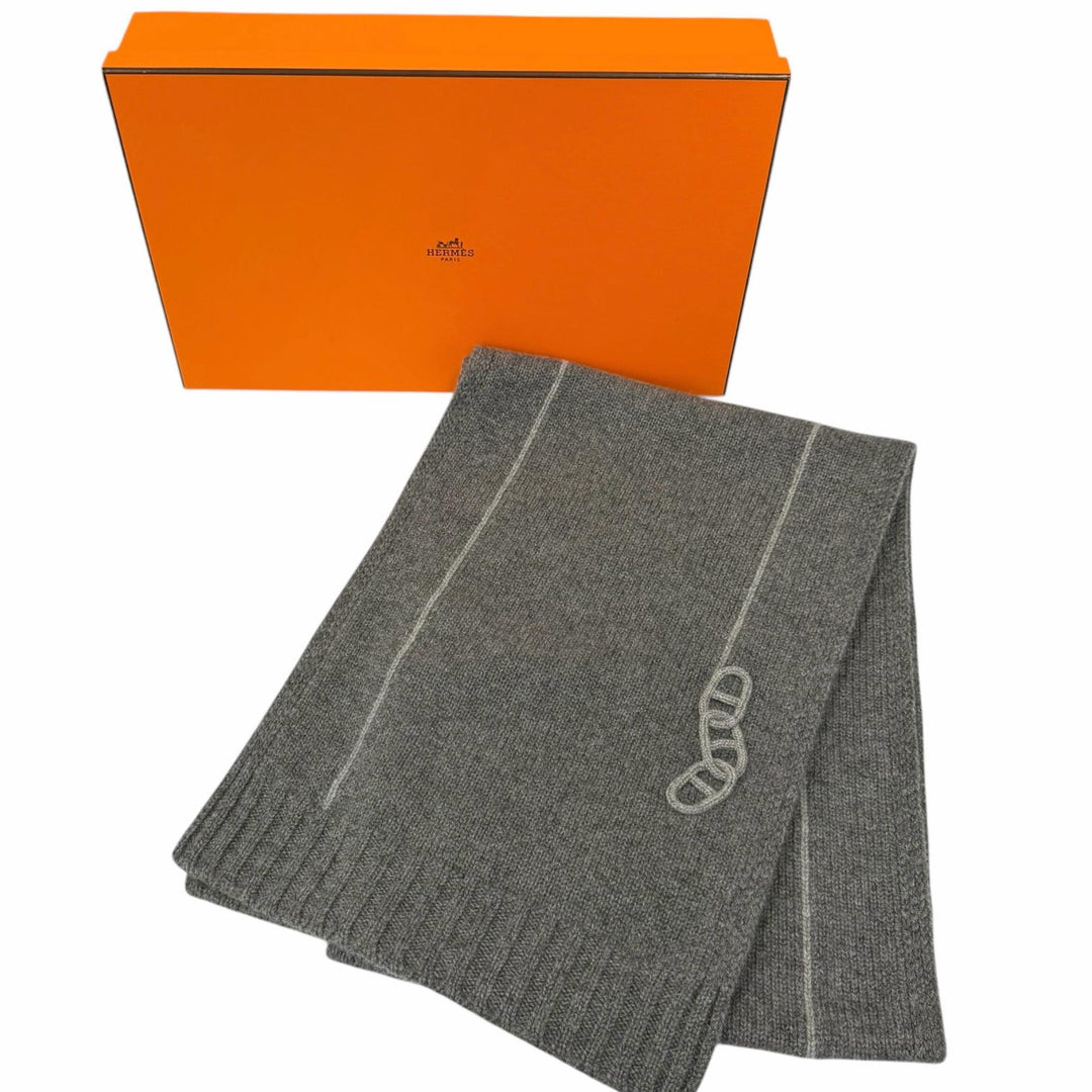 未使用品□HERMES エルメス マイヨン・トラセ カシミヤ100％ シェーヌダンクル ニットマフラー グレー イタリア製 メンズ 箱付き