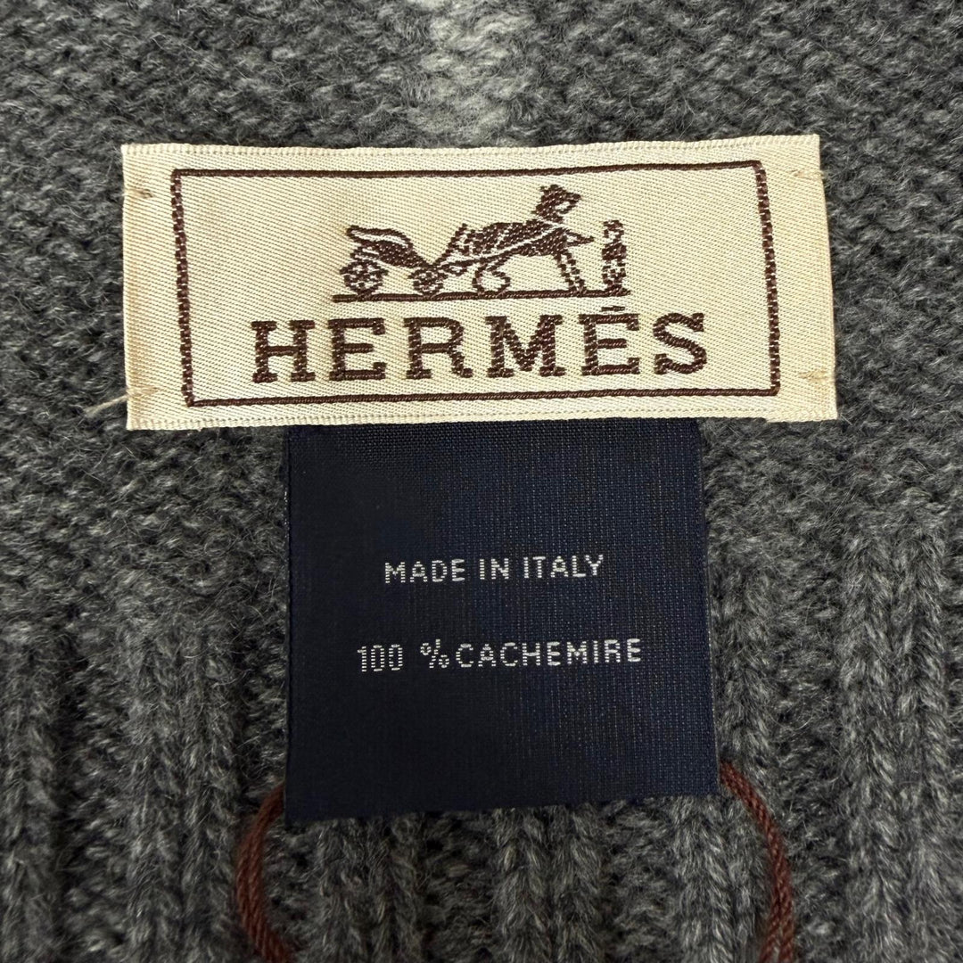 未使用品□HERMES エルメス マイヨン・トラセ カシミヤ100％ シェーヌダンクル ニットマフラー グレー イタリア製 メンズ 箱付き