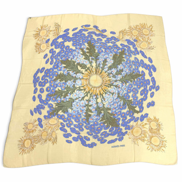 美品★HERMES エルメス カレ140 FLEURS et CARLINES フルール エ カルリーヌ シルク100％ モスリン スカーフ ブルー イエロー フランス製