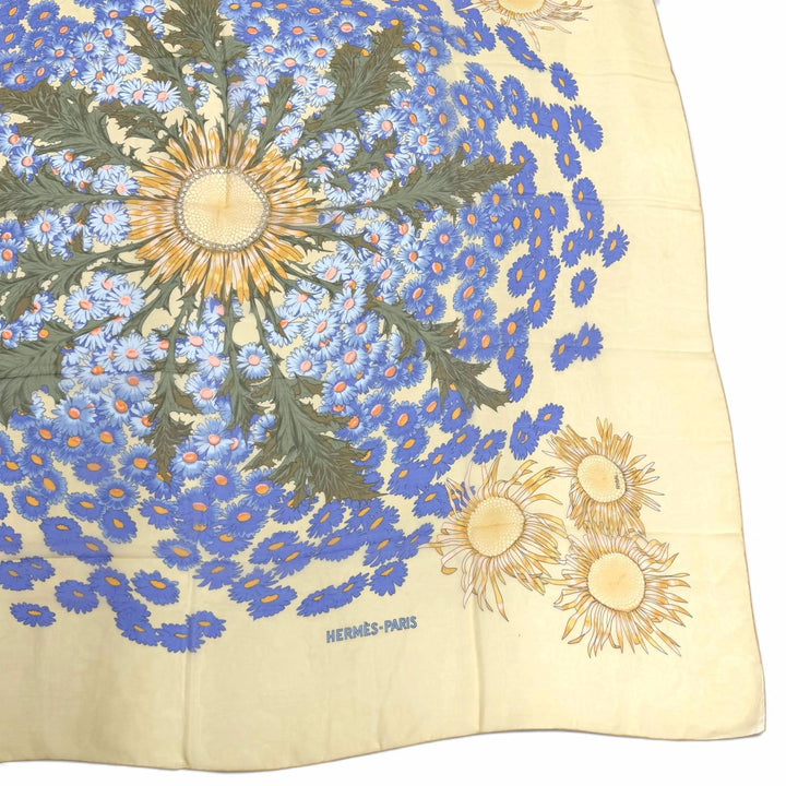 美品★HERMES エルメス カレ140 FLEURS et CARLINES フルール エ カルリーヌ シルク100％ モスリン スカーフ ブルー イエロー フランス製