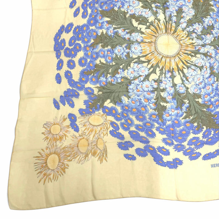 美品★HERMES エルメス カレ140 FLEURS et CARLINES フルール エ カルリーヌ シルク100％ モスリン スカーフ ブルー イエロー フランス製