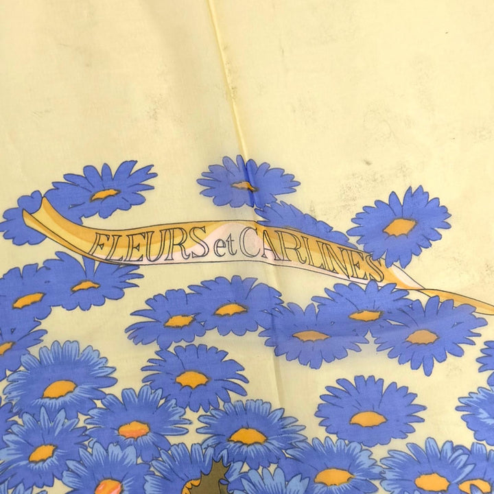 美品★HERMES エルメス カレ140 FLEURS et CARLINES フルール エ カルリーヌ シルク100％ モスリン スカーフ ブルー イエロー フランス製