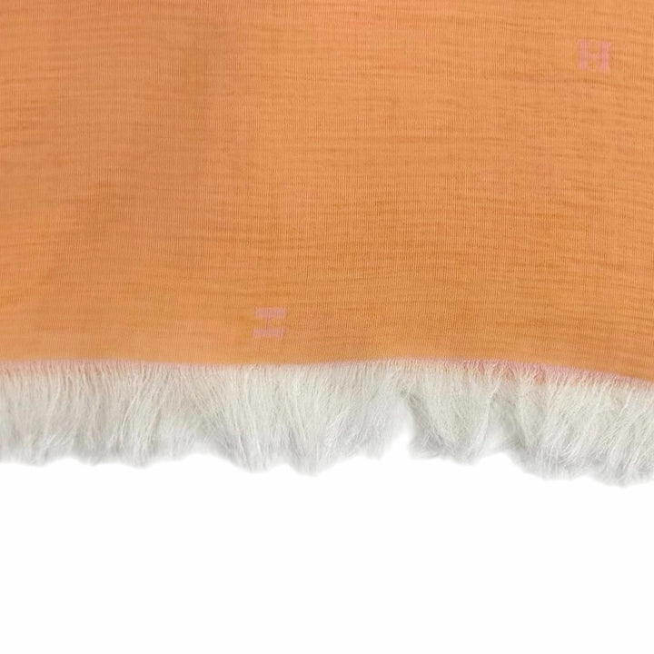 美品★HERMES エルメス シルク100％ リバーシブル Hロゴ シースルー フリンジ ストール ショール ピンク オレンジ フランス製 レディース
