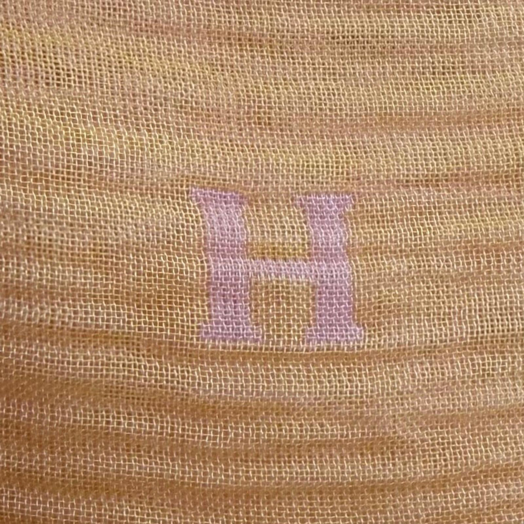 美品★HERMES エルメス シルク100％ リバーシブル Hロゴ シースルー フリンジ ストール ショール ピンク オレンジ フランス製 レディース