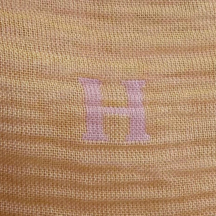 美品★HERMES エルメス シルク100％ リバーシブル Hロゴ シースルー フリンジ ストール ショール ピンク オレンジ フランス製 レディース