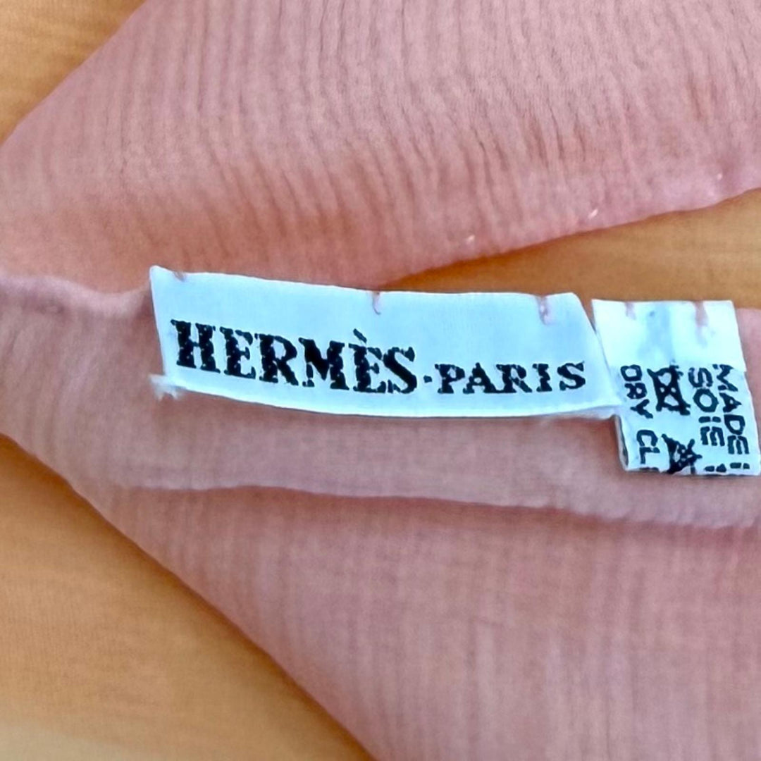 美品★HERMES エルメス シルク100％ リバーシブル Hロゴ シースルー フリンジ ストール ショール ピンク オレンジ フランス製 レディース