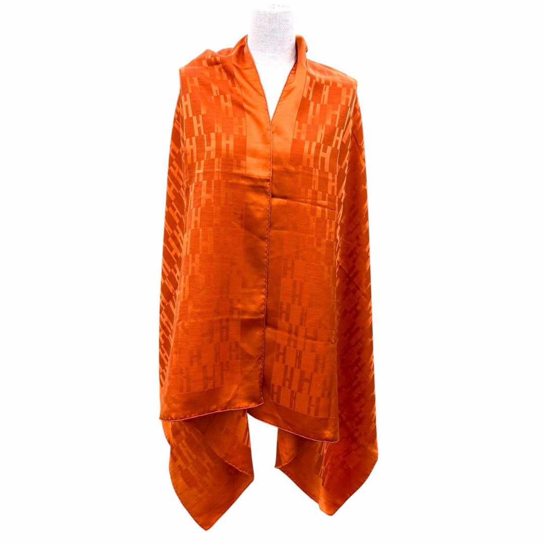 美品☆HERMES エルメス シルク ウール Hロゴ 総柄 大判 ショール/ストール スカーフ オレンジ フランス製 レディース