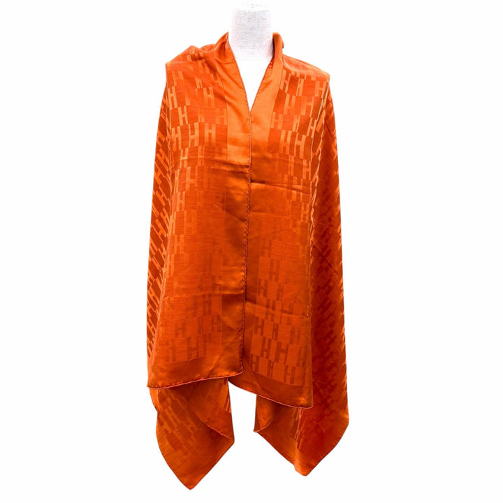 美品☆HERMES エルメス シルク ウール Hロゴ 総柄 大判 ショール/ストール スカーフ オレンジ フランス製 レディース