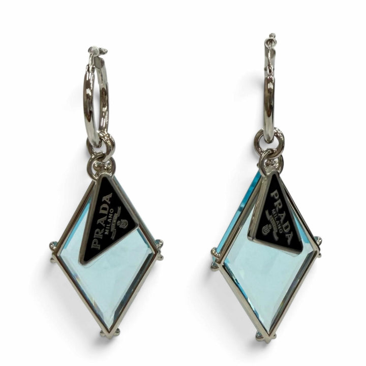 極美品★PRADA プラダ ブルーグラス トライアングルロゴプレート ピアス アクセサリー ブルー イタリア製 レディース 箱・保存袋付き