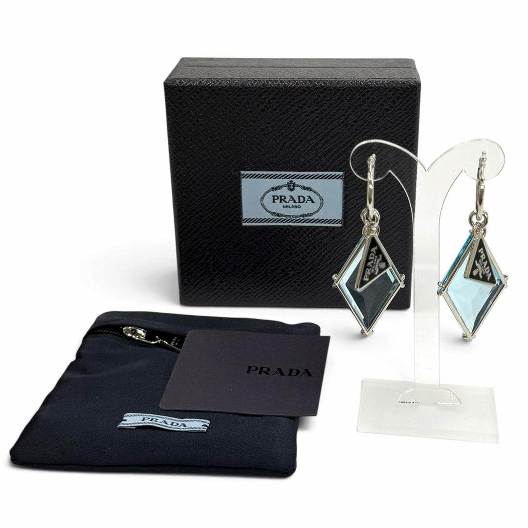 極美品★PRADA プラダ ブルーグラス トライアングルロゴプレート ピアス アクセサリー ブルー イタリア製 レディース 箱・保存袋付き