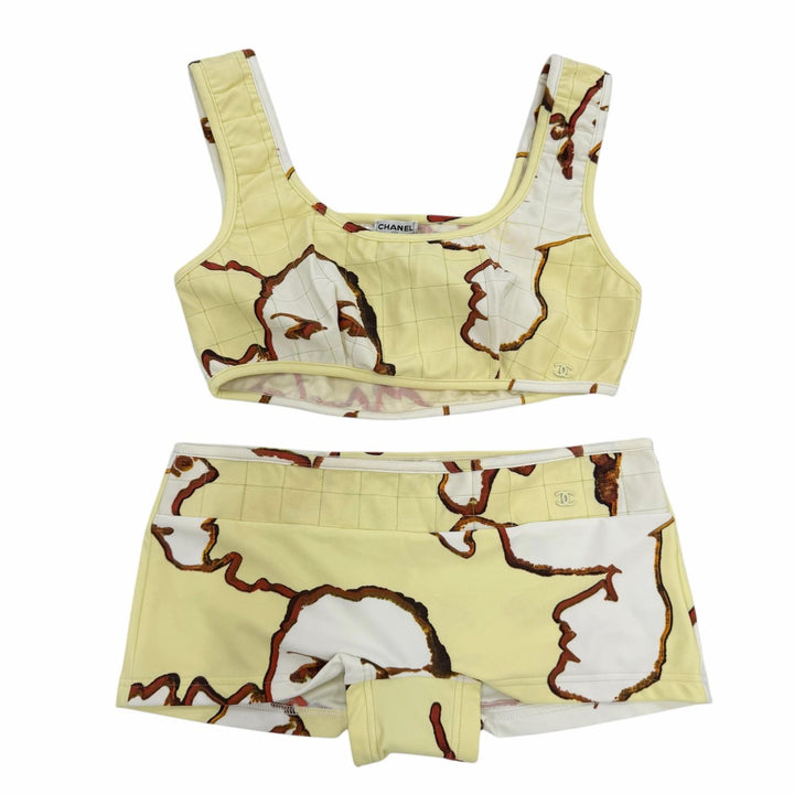 未使用品☆CHANEL シャネル 00S P15809 ココマーク マイヨン フェイスプリント 水着 3点セット イエロー系 38 フランス製 レディース