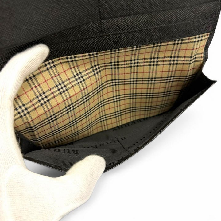 美品▼BURBERRY バーバリー レザー ロゴ型押し ノバチェック 札入れ ロングウォレット 二つ折り 長財布 ブラック メンズ