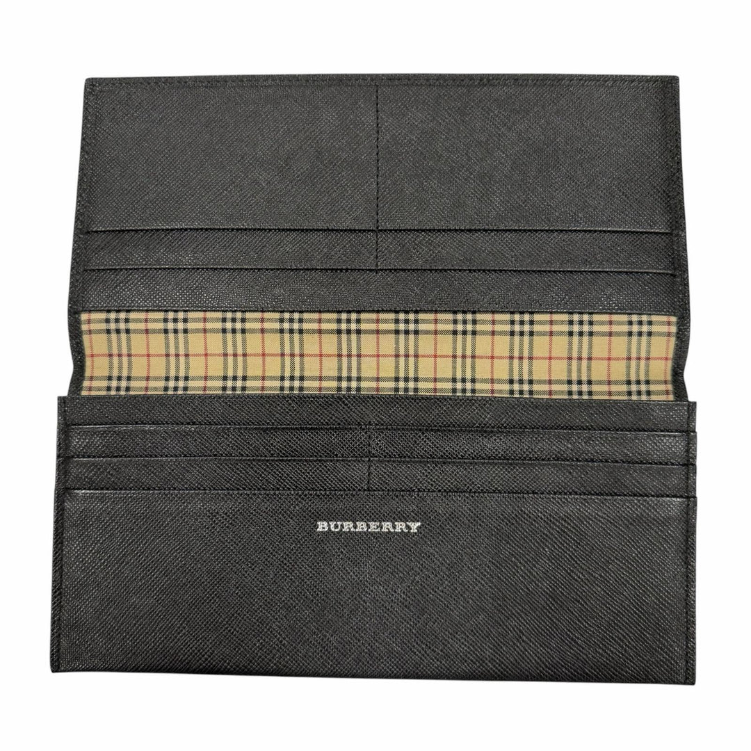 美品▼BURBERRY バーバリー レザー ロゴ型押し ノバチェック 札入れ ロングウォレット 二つ折り 長財布 ブラック メンズ