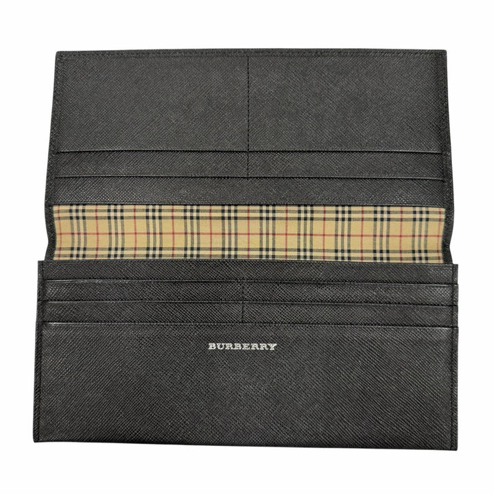 美品▼BURBERRY バーバリー レザー ロゴ型押し ノバチェック 札入れ ロングウォレット 二つ折り 長財布 ブラック メンズ
