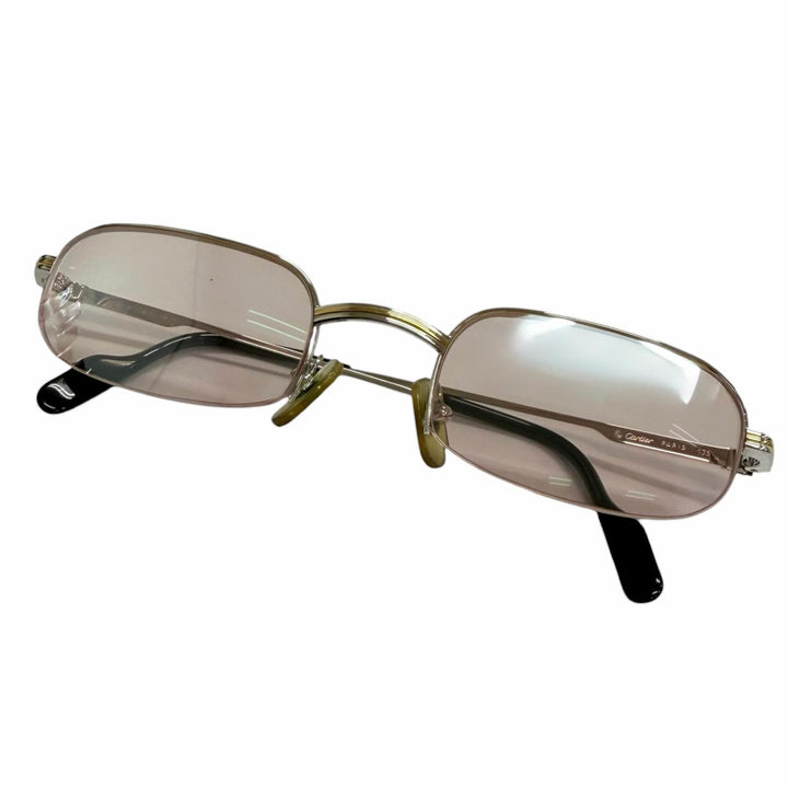 良品□Cartier カルティエ トリニティ スクエア ハーフリム サングラス アイウェア シルバー ピンクレンズ 49□22-135 度入り メンズ