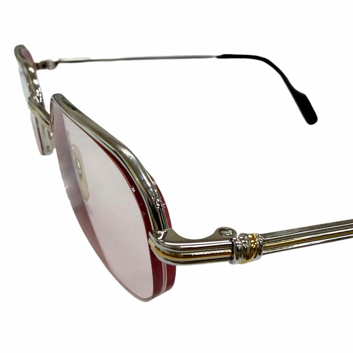 良品□Cartier カルティエ トリニティ スクエア ハーフリム サングラス アイウェア シルバー ピンクレンズ 49□22-135 度入り メンズ