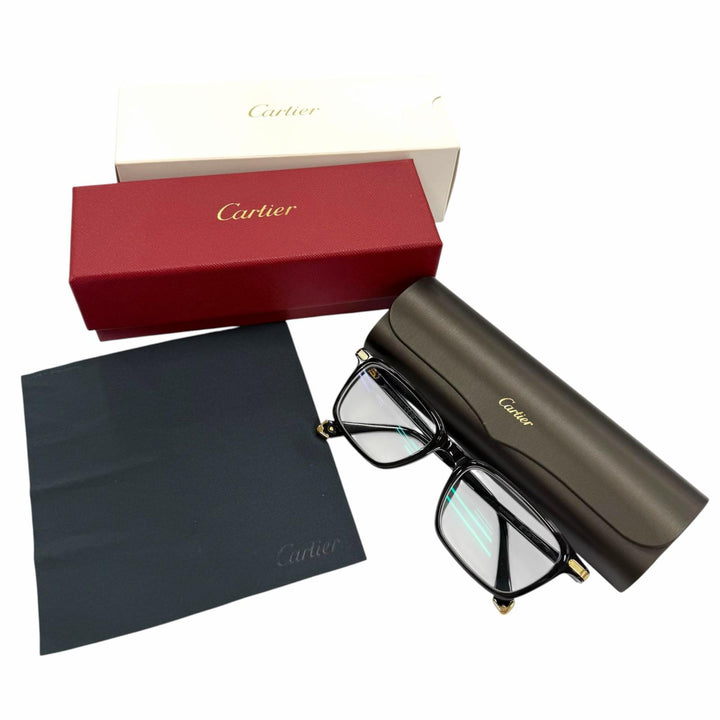 美品▼Cartier カルティエ F01HT00990 CT0586O ロゴ入り メガネ 眼鏡 アイウェア ブラック ゴールド 53□19 145 度入り 伊製 メンズ 箱付
