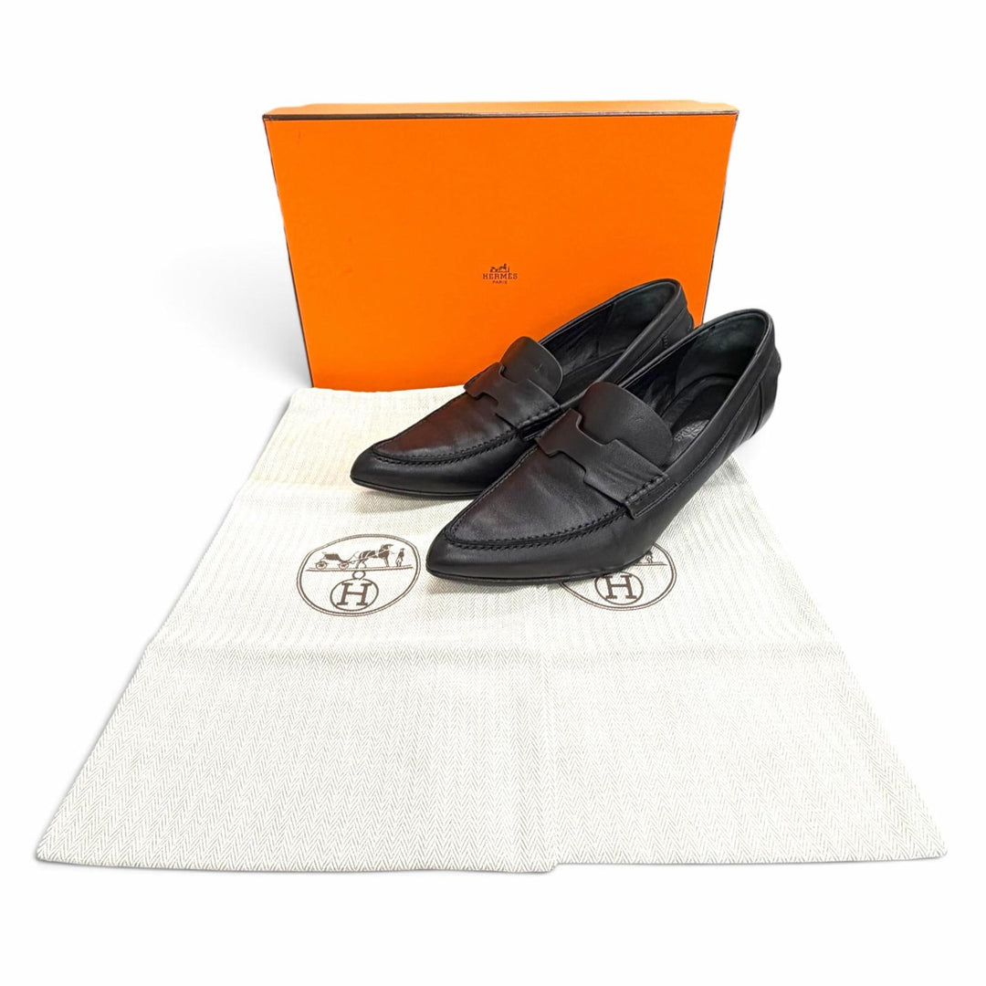 極美品△HERMES エルメス グロリアス 40 レザー Hモチーフ ポインテッドトゥ ローファー パンプス ブラック 37 イタリア製 箱 保存袋付き