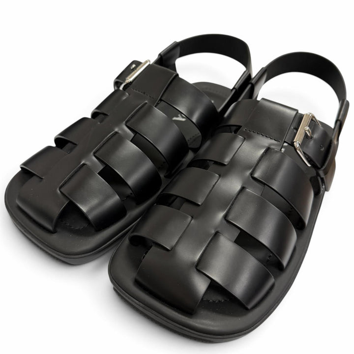 未使用品□PRADA プラダ 2X3093 ブラッシュドレザー バックストラップ グルカサンダル ブラック 8 イタリア製 メンズ 箱・保存袋付き