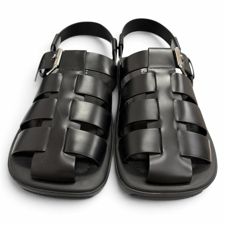 未使用品□PRADA プラダ 2X3093 ブラッシュドレザー バックストラップ グルカサンダル ブラック 8 イタリア製 メンズ 箱・保存袋付き