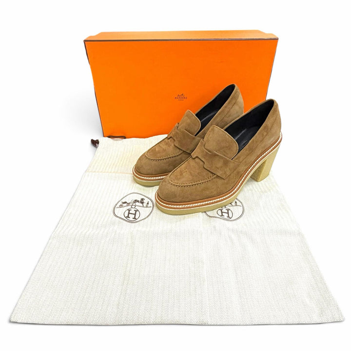 極美品△HERMES エルメス 212053Z DIDI ディディ モカシン スウェードレザー ヒール ローファー パンプス ブラウン 36.5 箱・保存袋付き