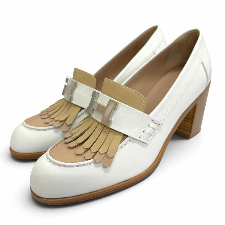 極美品△HERMES エルメス 221066Z エリゼ 70 コンスタンス シルバー金具 レザー パンプス チャンキーヒール パンプス ホワイト 35.5 箱付
