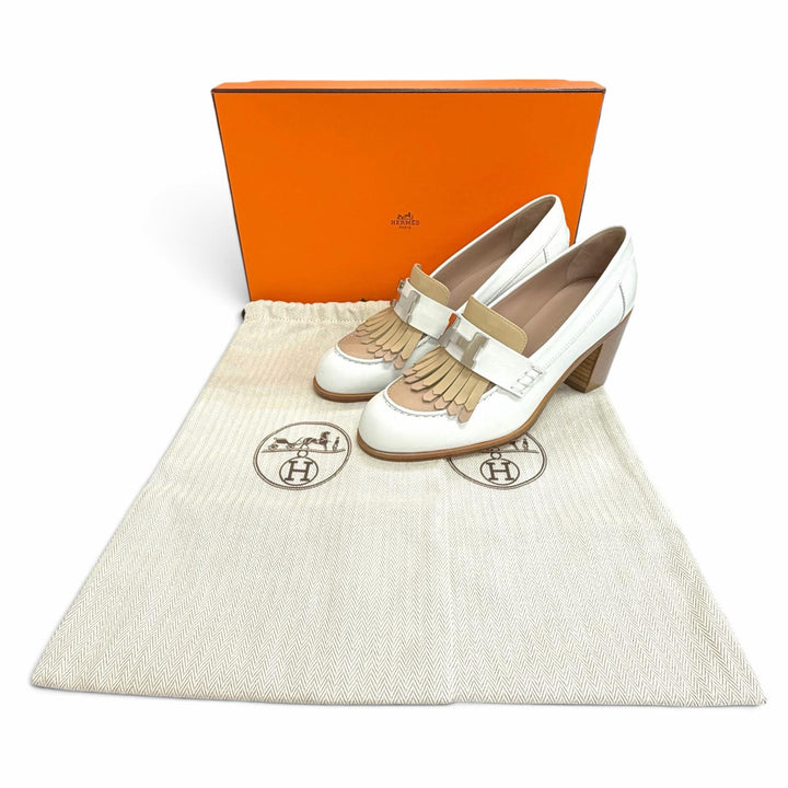 極美品△HERMES エルメス 221066Z エリゼ 70 コンスタンス シルバー金具 レザー パンプス チャンキーヒール パンプス ホワイト 35.5 箱付