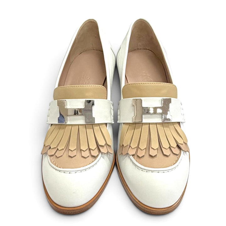 極美品△HERMES エルメス 221066Z エリゼ 70 コンスタンス シルバー金具 レザー パンプス チャンキーヒール パンプス ホワイト 35.5 箱付