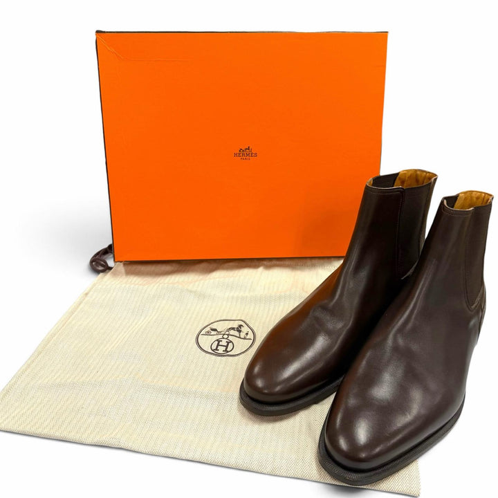 極美品▼HERMES エルメス レザー サイドゴア チェルシーブーツ ショートブーツ ダークブラウン 41.5 イタリア製 メンズ 保存袋付き