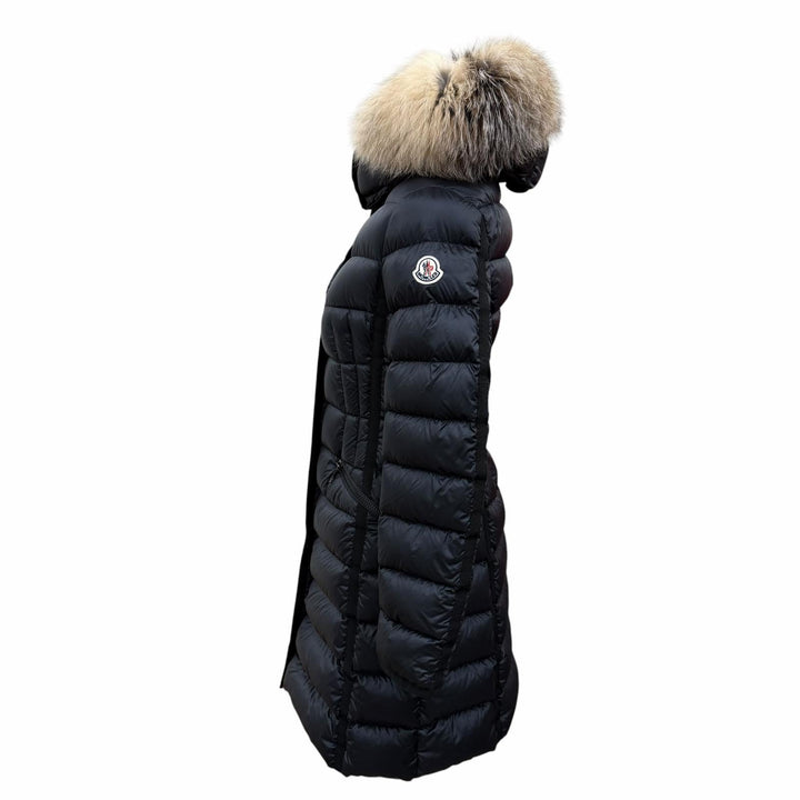 美品☆MONCLER モンクレール 19-20AW HERMIFUR エルミファー ファー・ロゴワッペン・フード付 ダウンコート ブラック 00 国内正規品