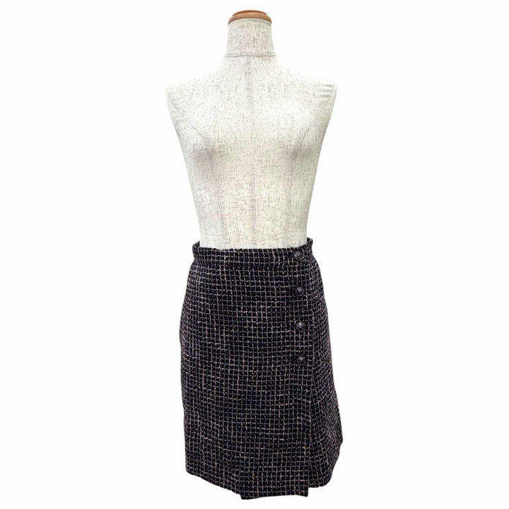 極美品△CHANEL シャネル P73336V62835 22B ウール ココマーク ライオンボタン ツイード ラップスカート ブラック ピンク 36 仏製 正規品