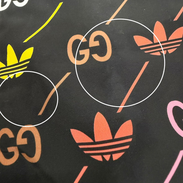 美品□GUCCI adidas グッチ アディダス 722262 ロゴ総柄 中綿入り ナイロンパーカー ブルゾン 黒 マルチカラー 46 イタリア製 正規品