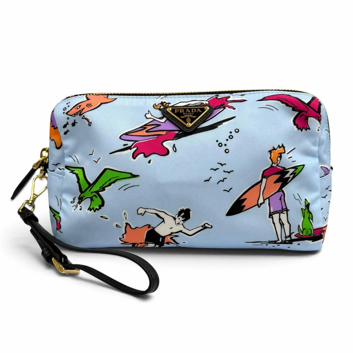 極美品★PRADA プラダ 1NS693 Re-Nylon リスレット付トライアングルロゴ サーフプリント ポーチ 化粧ポーチ ブルー 伊製 レディース