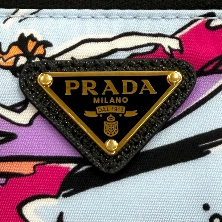 極美品★PRADA プラダ 1NS693 Re-Nylon リスレット付トライアングルロゴ サーフプリント ポーチ 化粧ポーチ ブルー 伊製 レディース