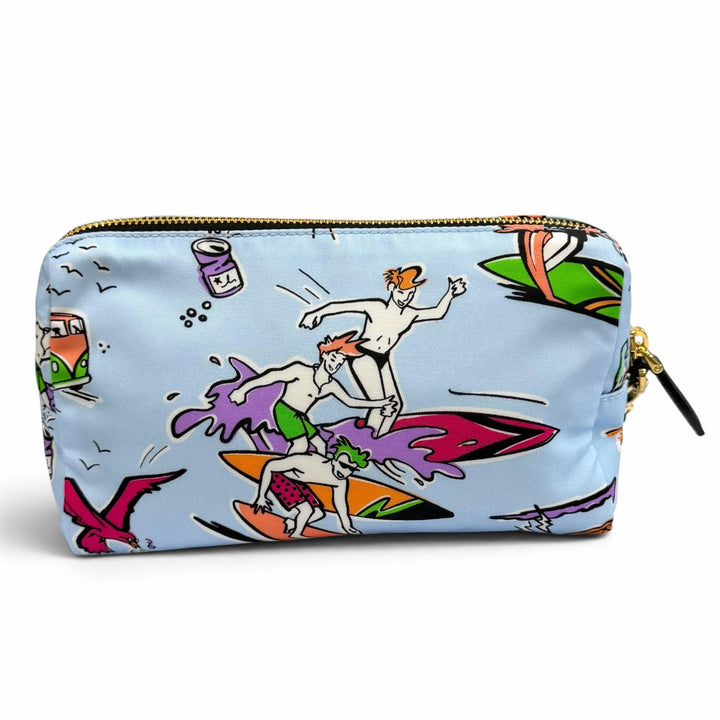 極美品★PRADA プラダ 1NS693 Re-Nylon リスレット付トライアングルロゴ サーフプリント ポーチ 化粧ポーチ ブルー 伊製 レディース