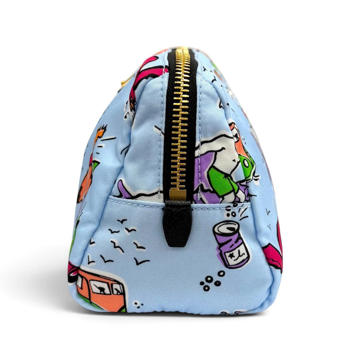 極美品★PRADA プラダ 1NS693 Re-Nylon リスレット付トライアングルロゴ サーフプリント ポーチ 化粧ポーチ ブルー 伊製 レディース