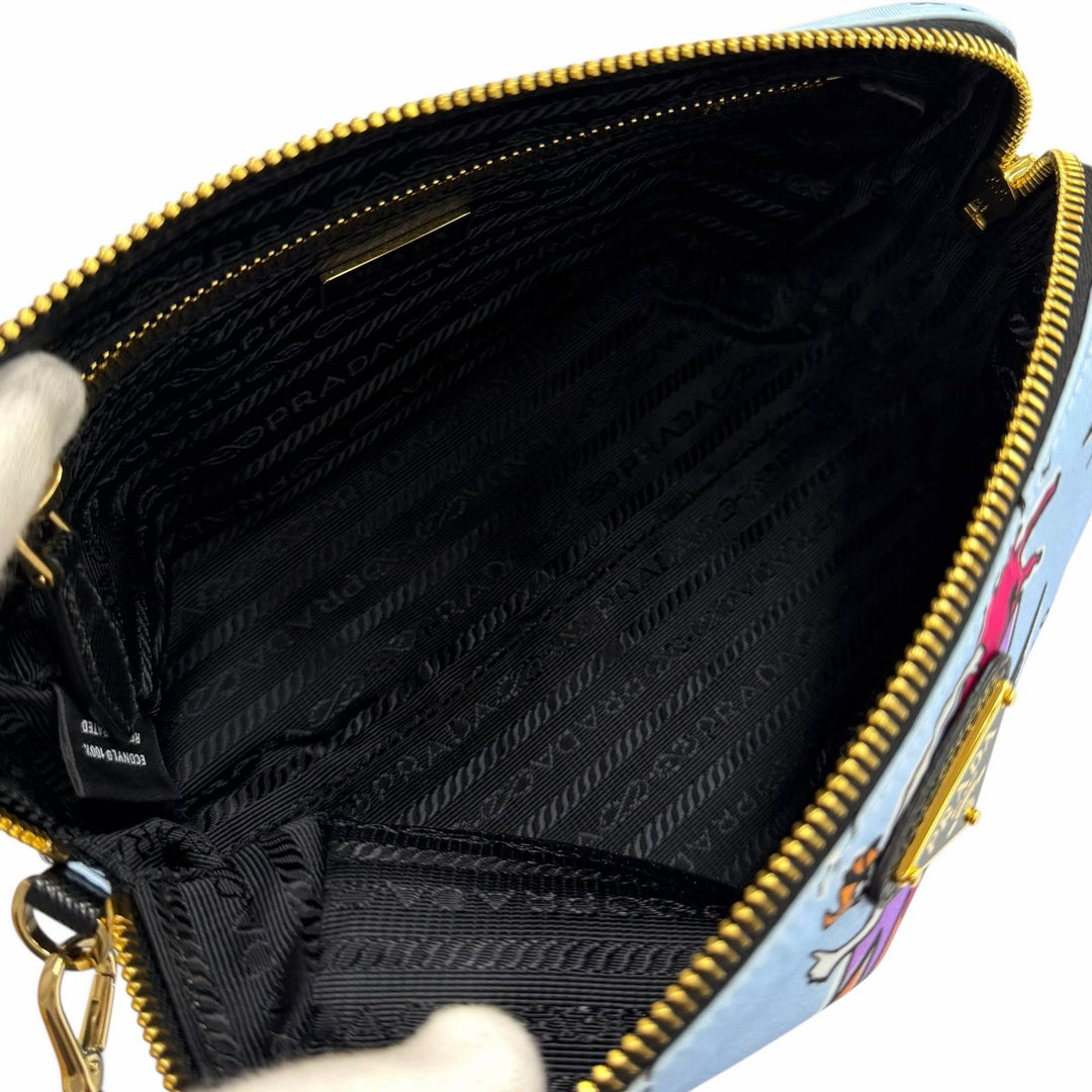 極美品★PRADA プラダ 1NS693 Re-Nylon リスレット付トライアングルロゴ サーフプリント ポーチ 化粧ポーチ ブルー 伊製 レディース