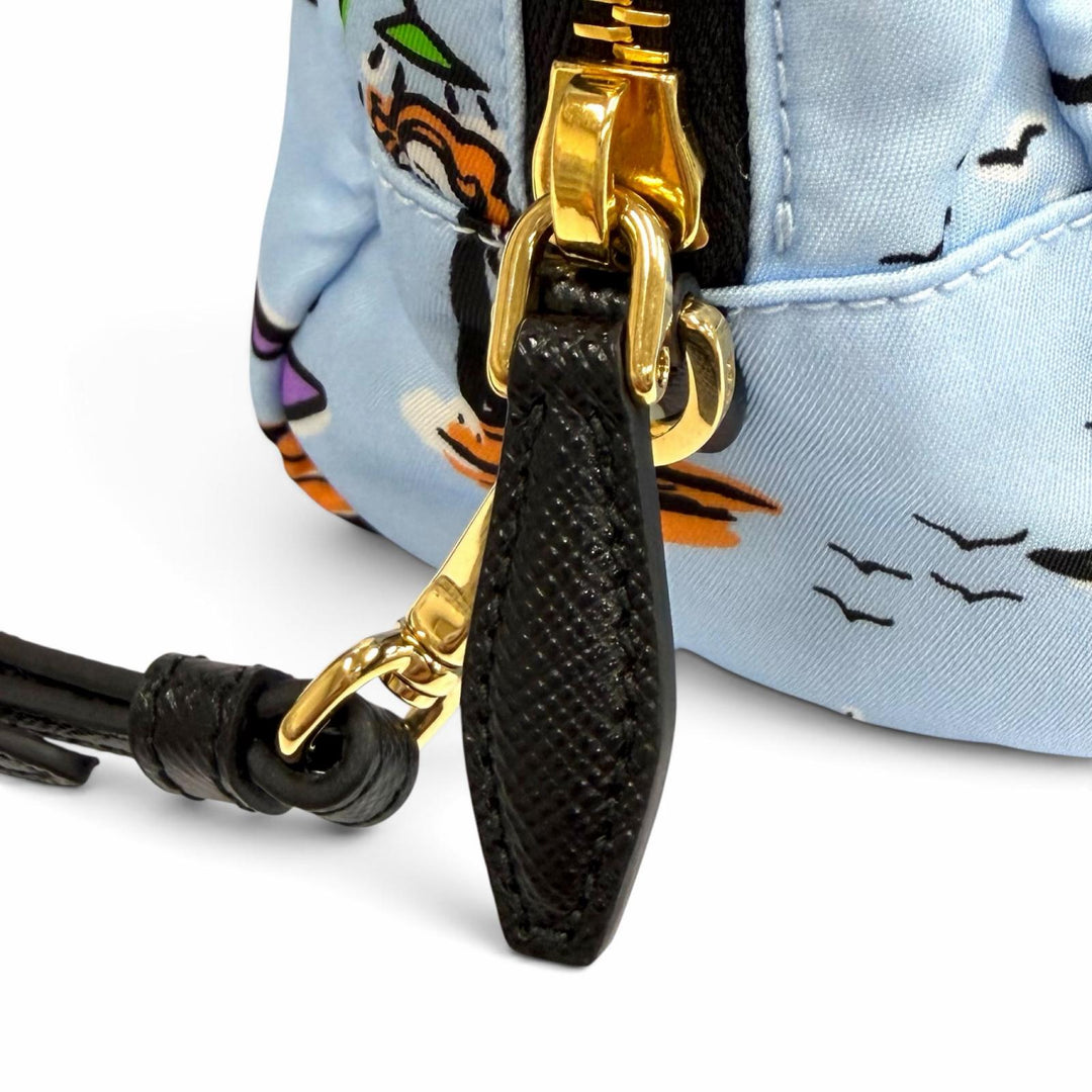 極美品★PRADA プラダ 1NS693 Re-Nylon リスレット付トライアングルロゴ サーフプリント ポーチ 化粧ポーチ ブルー 伊製 レディース