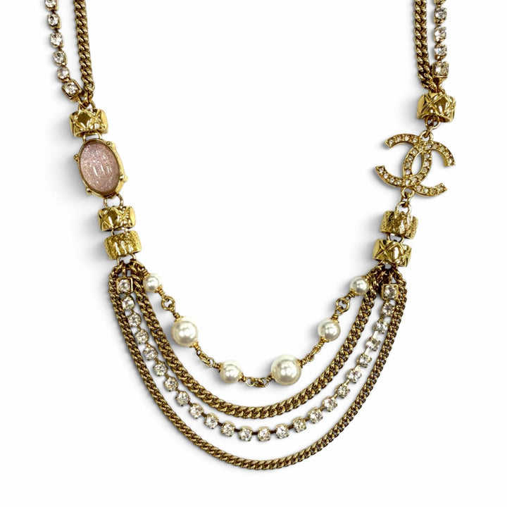 極美品★CHANEL シャネル C24P ココマーク エコパール ストーン クラッシュ ロゴ チェーン ネックレス ゴールド ピンク 白 箱・保存袋付