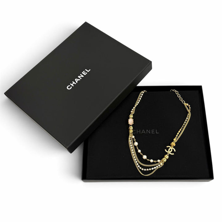 極美品★CHANEL シャネル C24P ココマーク エコパール ストーン クラッシュ ロゴ チェーン ネックレス ゴールド ピンク 白 箱・保存袋付