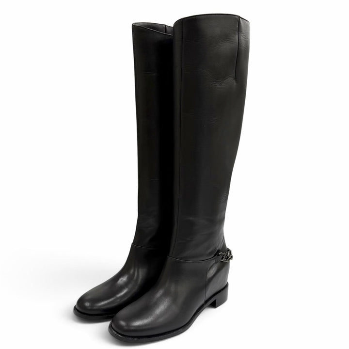 未使用品★Christian Louboutin クリスチャンルブタン 3130073 CATE BOOT FLAT CALF チェーン装飾 レザー ロングブーツ 黒 36.5 袋付