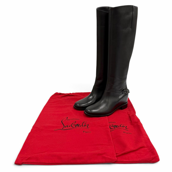 未使用品★Christian Louboutin クリスチャンルブタン 3130073 CATE BOOT FLAT CALF チェーン装飾 レザー ロングブーツ 黒 36.5 袋付