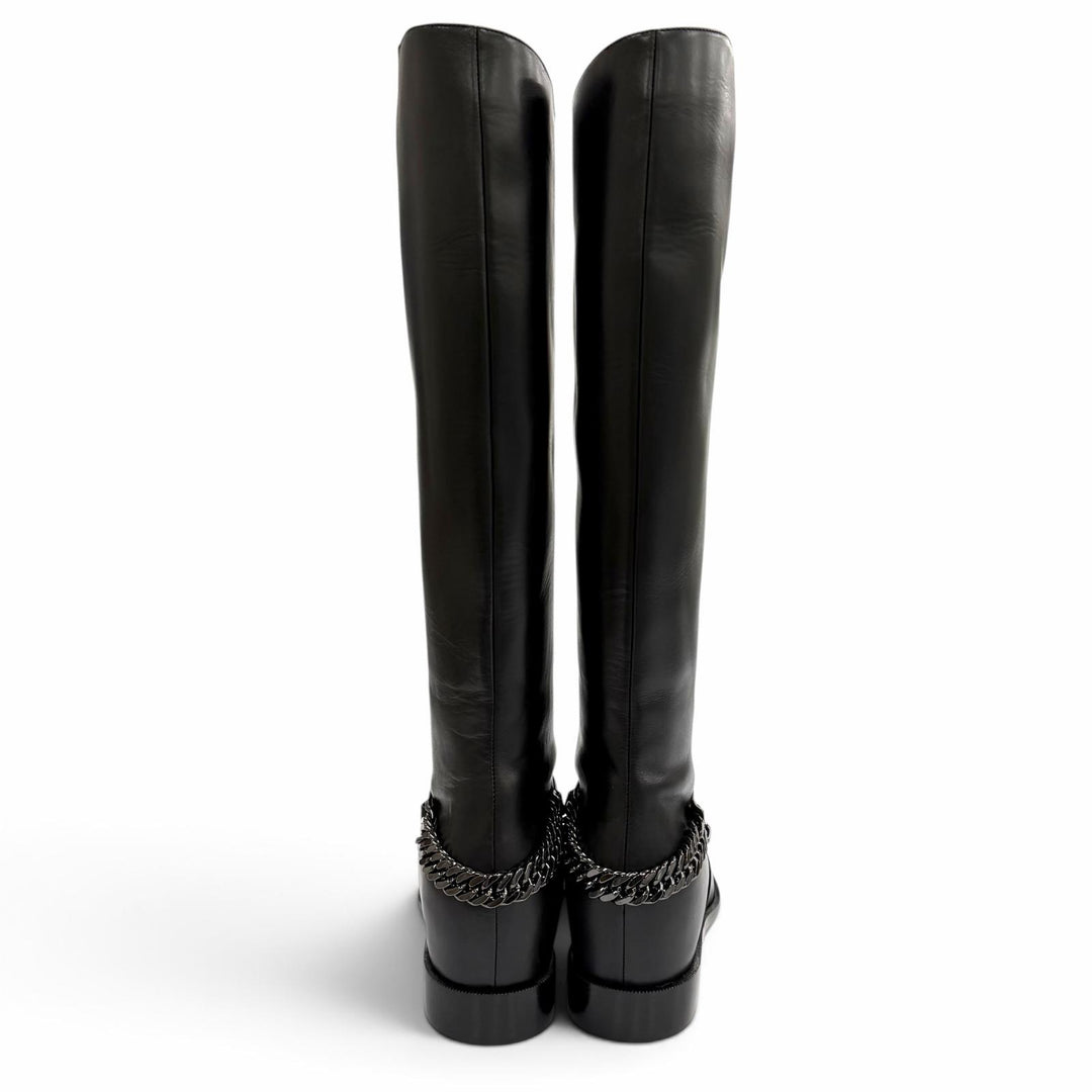 未使用品★Christian Louboutin クリスチャンルブタン 3130073 CATE BOOT FLAT CALF チェーン装飾 レザー ロングブーツ 黒 36.5 袋付