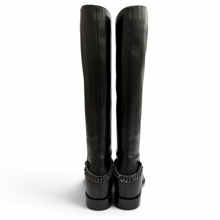 未使用品★Christian Louboutin クリスチャンルブタン 3130073 CATE BOOT FLAT CALF チェーン装飾 レザー ロングブーツ 黒 36.5 袋付