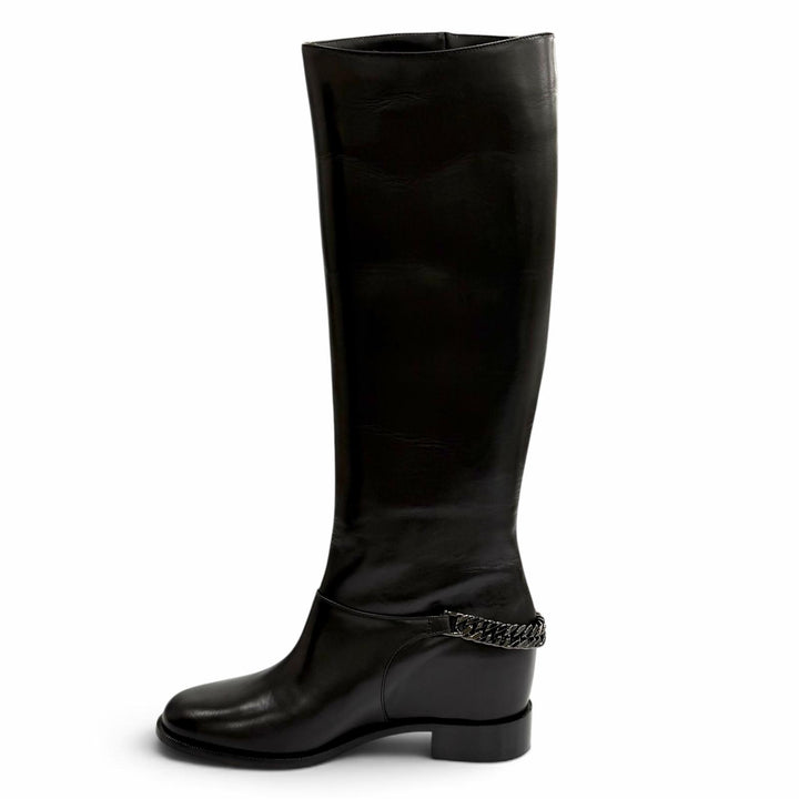 未使用品★Christian Louboutin クリスチャンルブタン 3130073 CATE BOOT FLAT CALF チェーン装飾 レザー ロングブーツ 黒 36.5 袋付