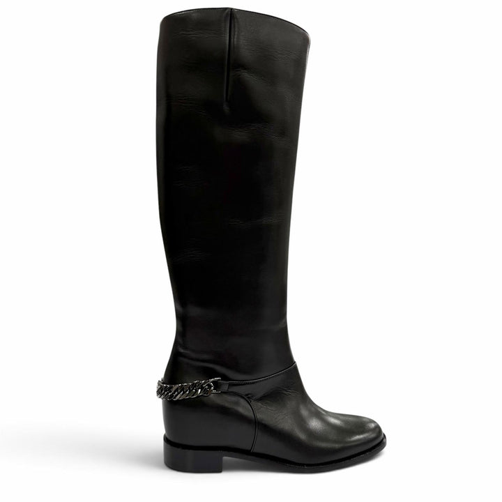 未使用品★Christian Louboutin クリスチャンルブタン 3130073 CATE BOOT FLAT CALF チェーン装飾 レザー ロングブーツ 黒 36.5 袋付